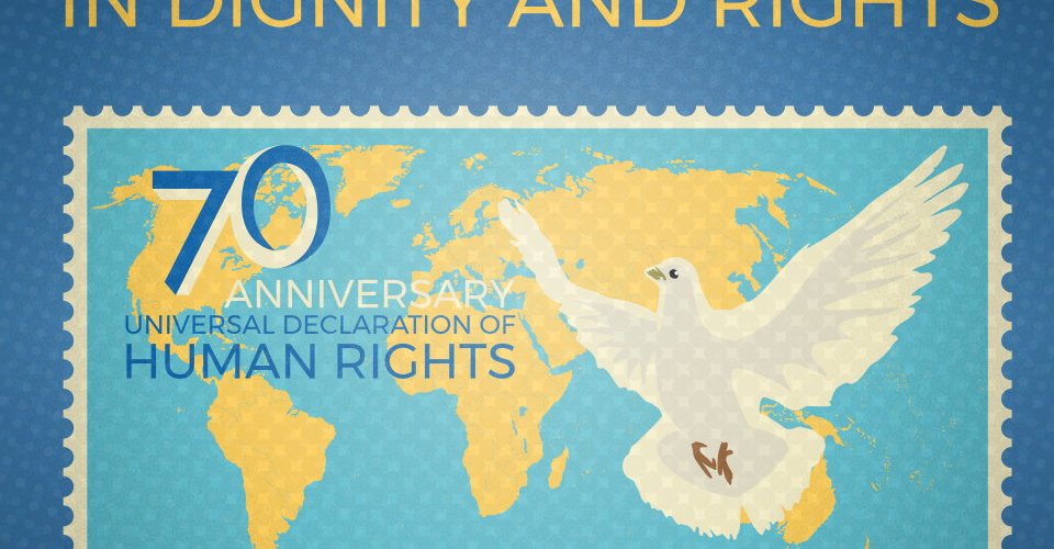 Universal Declaration of Human Rights – Freedom – World Map – Dove of Peace – POP Art – Stamp – Illustration
