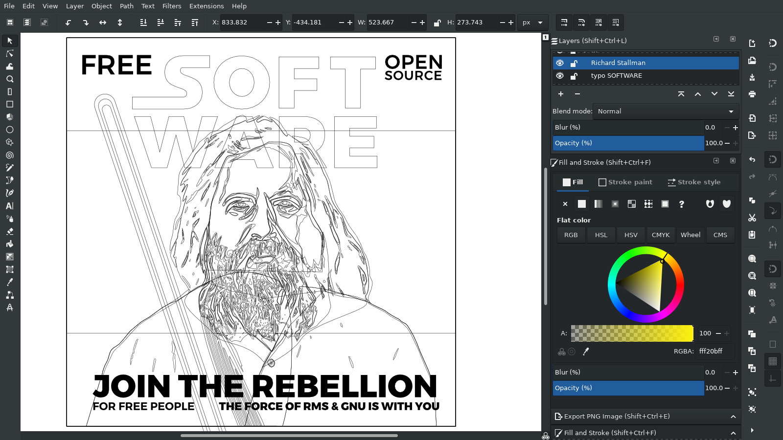 Free Illustrator Software – Inkscape V1 – Outline View – Richard Stallman – Pop Art Portrait – GNU/Linux OS – Free Open-Source Software FOSS – RMS Vector Illustration by gfkDSGN