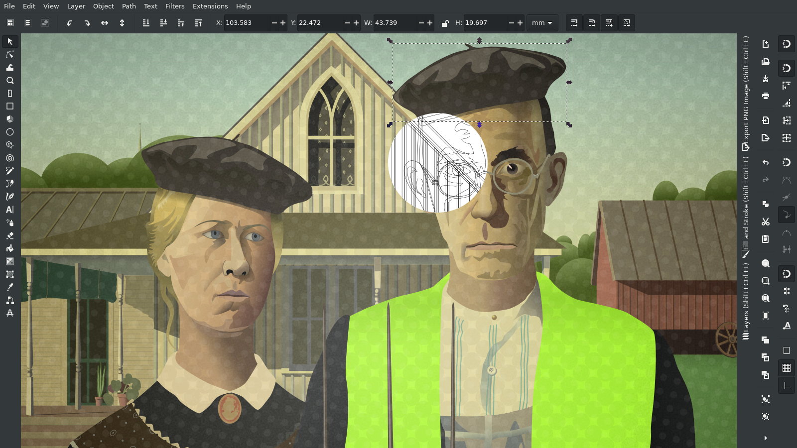 American Gothic – Vector Workfile – Inkscape Screenshot – Grant Wood Replica – Fine Art Illustration by gfkDSGN