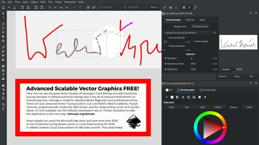 Advanced Vector Graphics – Trace Bitmap Tools – Centerline Auto-Tracing – X-ray Nurb Edit – Free Software – Illustrator FOSS Alternative – Inkscape Screenshot