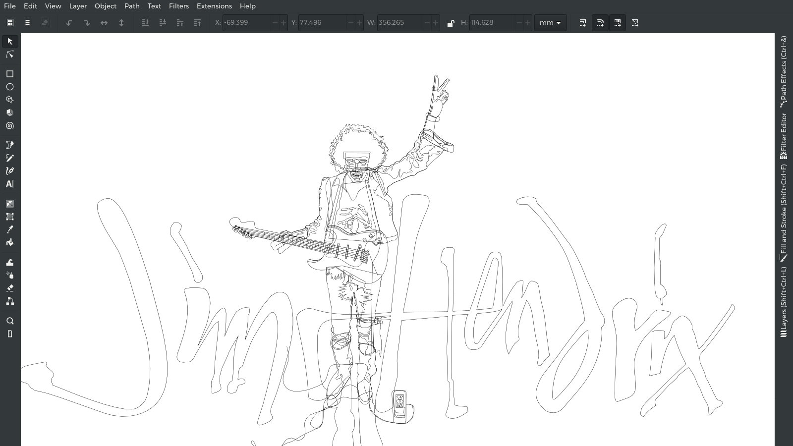 Outline Vectors – Jimi Hendrix – Inkscape Screenshot – Advanced Vector Graphics – SVG Illustration by gfkDSGN