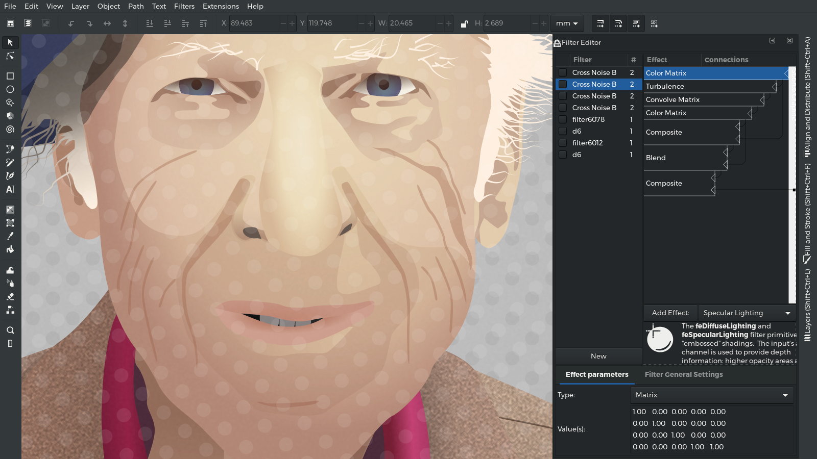 Advanced Vector Graphics – Garry Davies Portrait – Inkscape Screenshot – Fractal Textures – Pop Art Illustration by gfkDSGN